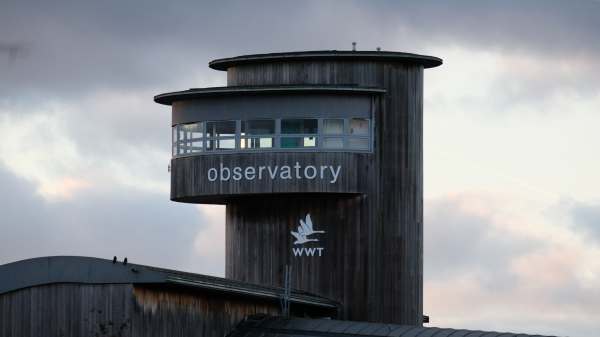 The Observatory Tower at Slimbridge, with the WWT logo. The Clouds of Storm Dennis are gathering.