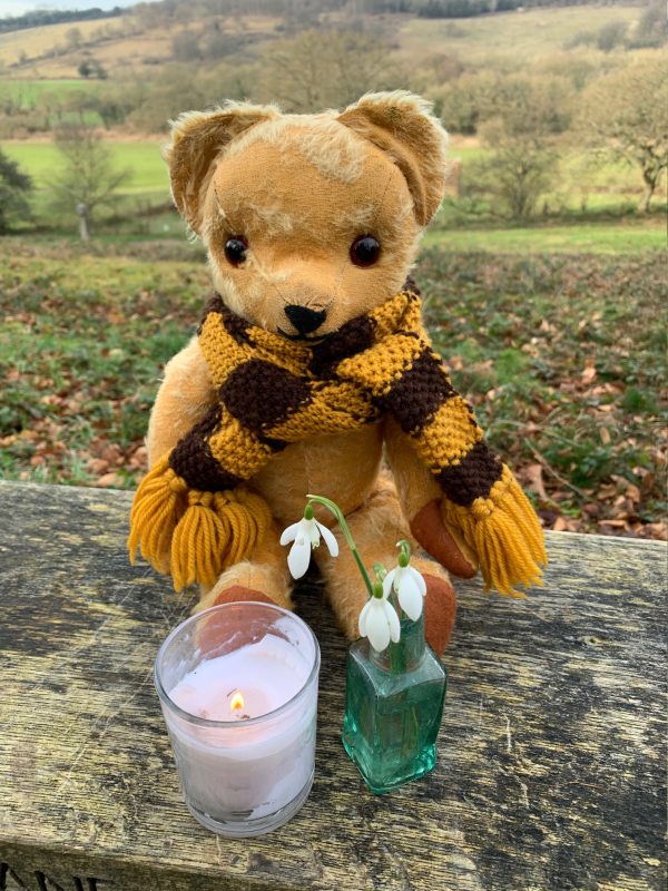 Eamonn sat on Diddley's Bench, with a candle lit for Diddley alongside a vase with three snowdrops in.
