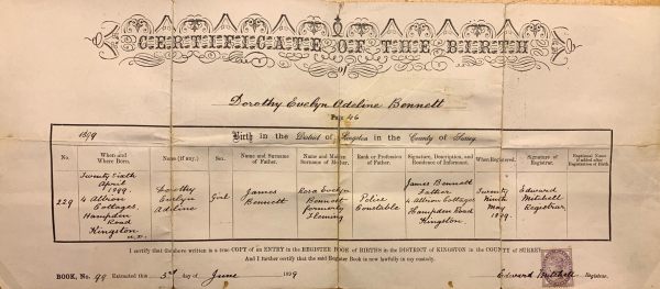 Birth Certificate of Dorothy Evelyn Adeline Ball.