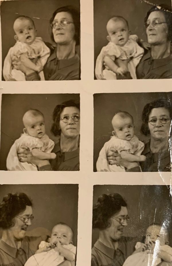 Six photo-booth style shots of Bobby as a baby in his mother's (Dolly) arms.