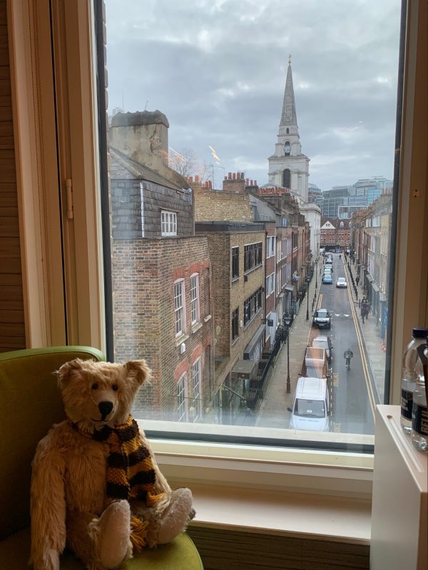 Bertie in the window of room 311, with the view of Fournier Street to Christ Church and Spitalfields.