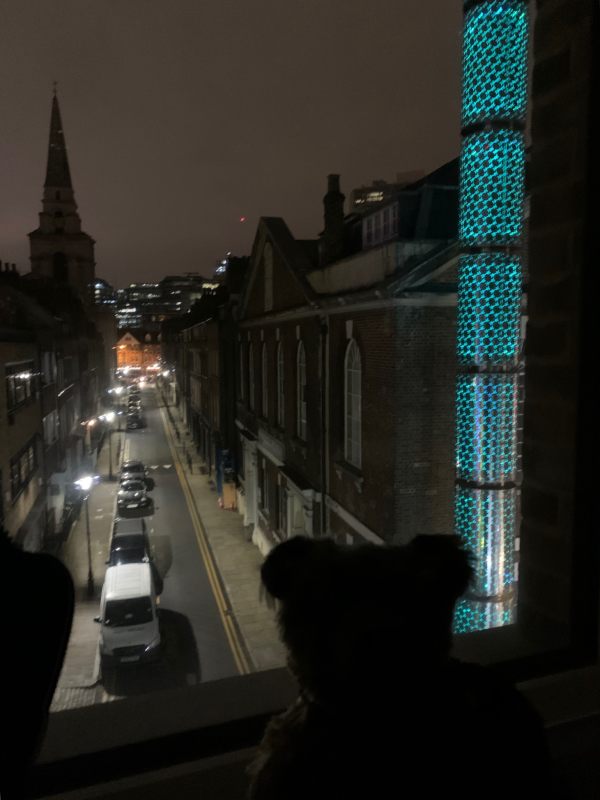 The Mosque in Fournier Street illuminated in light blue.