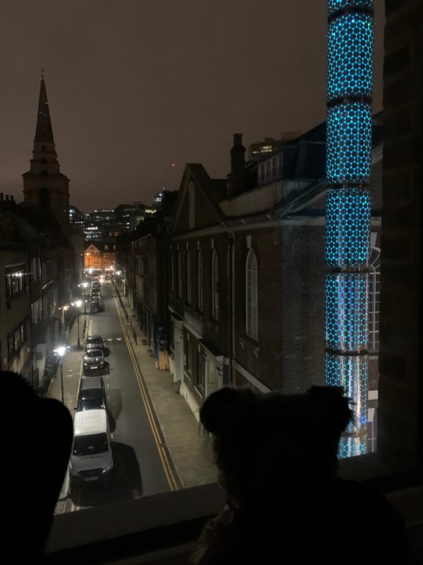 The Mosque in Fournier Street illuminated in dark blue.