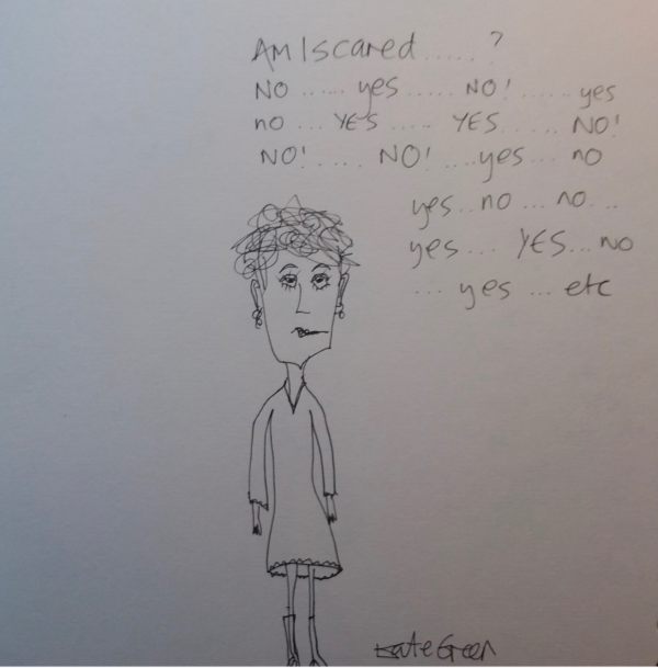 Drawing of a women entitled "Am I scared", with the words "yes" and "no" written several times all over.