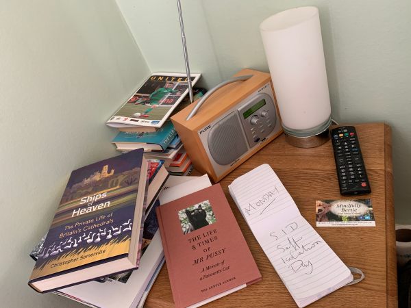 A table loaded with books, a DAB radio, notebook a light and a "Mindfully Bertie" business card.