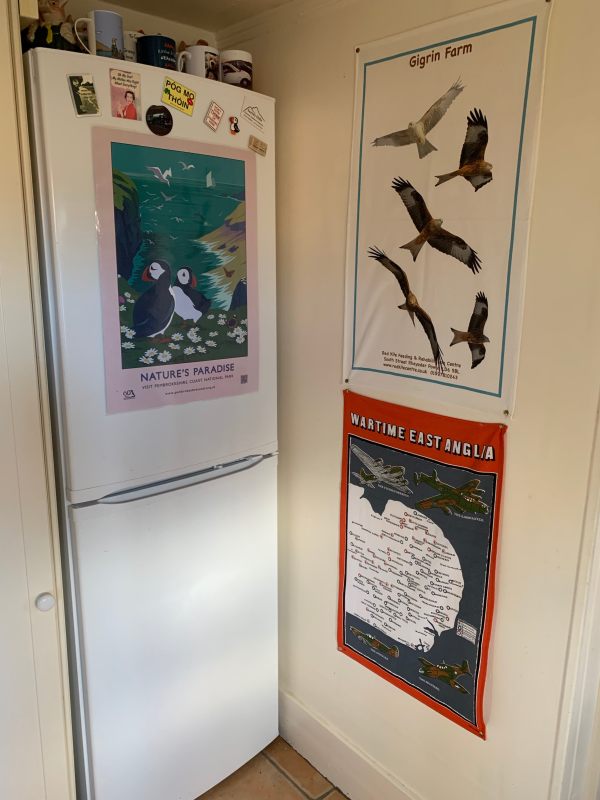 Tea Towels and Posters on the wall and fridge freezer. Some fridge magents above.