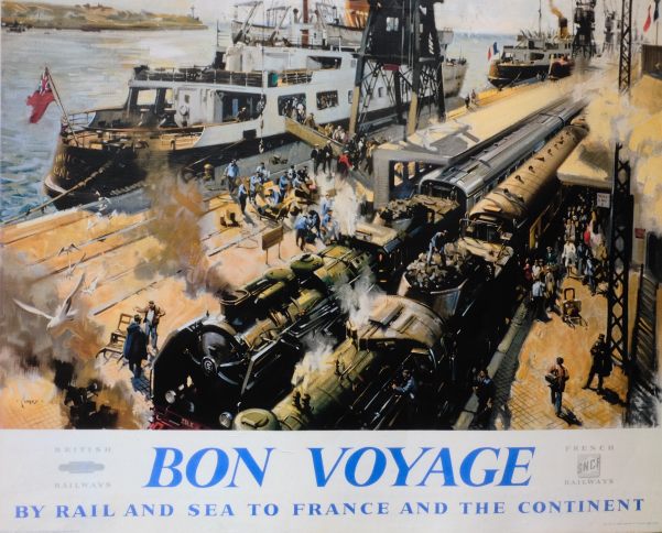 Poster advertising "By Rail and Sea to the Continent". Two steam hauled passenger trains alongside an ocean liner.