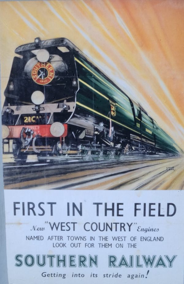 Poster advertising the new Southern Railway streamlined "West Country" locomotives.