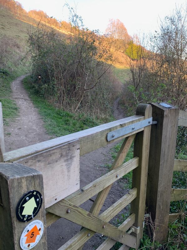 A wooden gate across the path. Way marker post No 5 on the left.