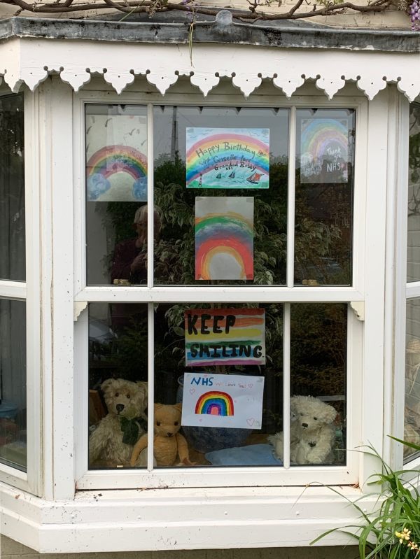 Bertie, Eamonn and Ellen in the window of Laurel Cottage with rainbows and NHS We Love You.