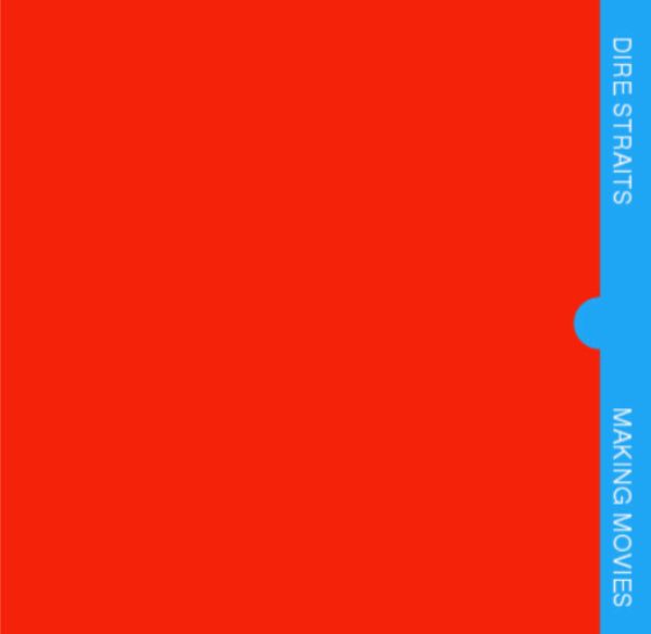 Album cover of Dire Straits - Making Movies. Plain red, apart from a thin blue strip down the right hand sides with the artist and album name written sideways on it.
