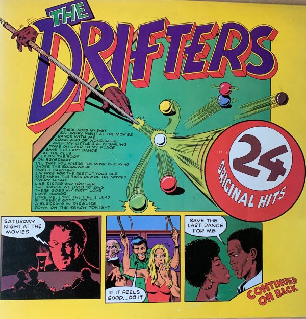 Album cover The Drifters - "24 original hits". A comic-book type layout listing the tracks and three cartoons depicting three of the songs.