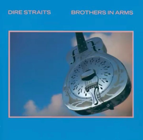 Album cover - "Dire Straits, Brothers in Arms". A blue background with a photograph of a metal guitar in the clouds.