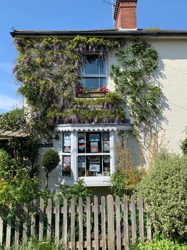 The start. Laurel Cottage (LC) with the wisteria in full flower and "Bertie's Window", dedicated to rainbows from grandchildren and the NHS.