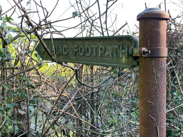 A rusty old metal "Public Footpath" sign, almost buried in the overgrowth.