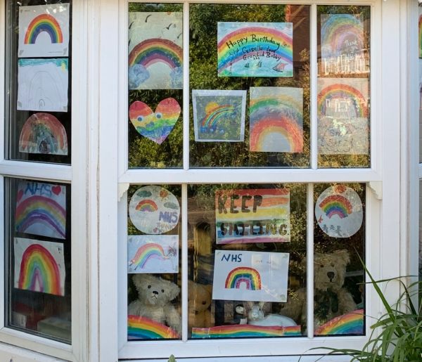The window at Laurel Cottage with Trevor, Eamonn and Bertie sat amongst all the rainbows, etc.