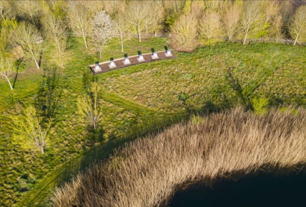 An aerial view of part of the Rolls-Royce estate at Goodwood showing the six hives.