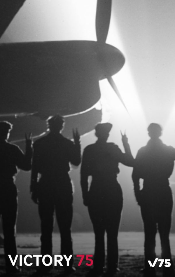 VE Day Poster - four service people in silhoutte against aircraft hands raised with a V-sign.