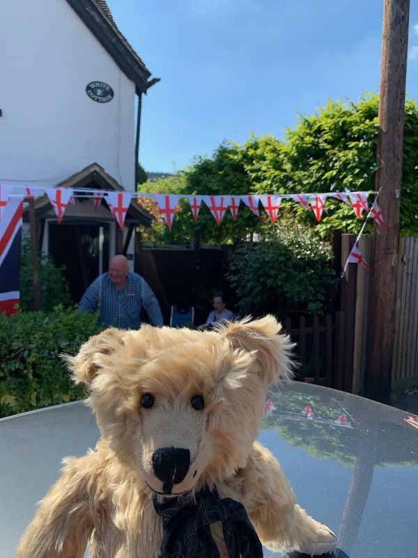 Bertie sat on a car roof with Bunting of English Flags decorating the garden behind.