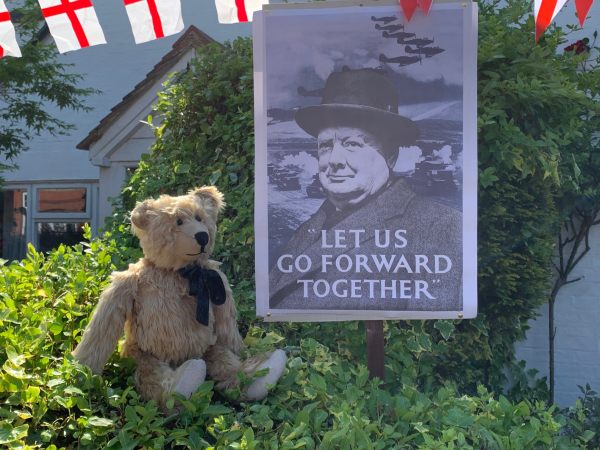 Bertie sat on a privet hedge alongside a poster of Winston Churchill with the words "Let us go forward together" on it.