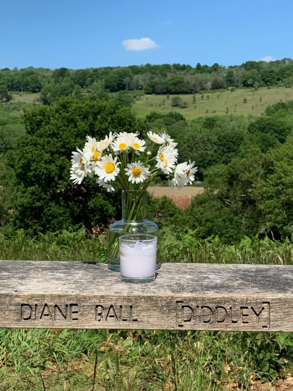 The vase of Moondaisies set on Diddley's Bench, set behind a lit candle.