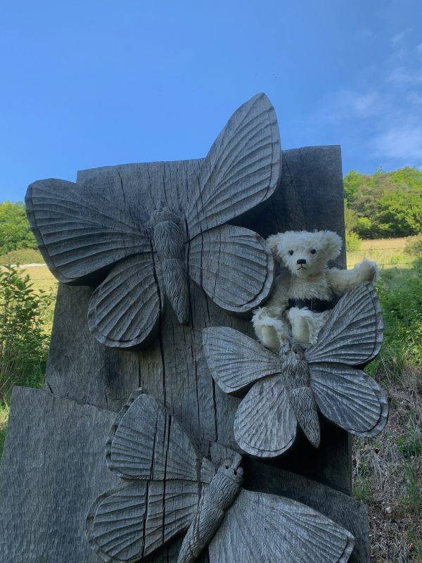 Trevor sat on a wood carved statue with Adonis Blue butterflies feature.