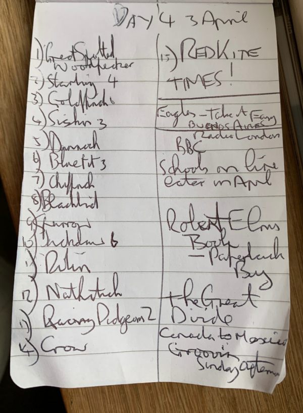 Bobby's list of observations from 3 April, which includes a Red Kite.