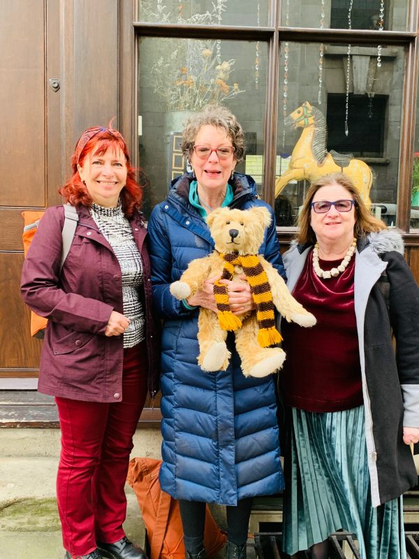 Linda, Amanda (holding Bertie) and Jo outside Town House, Fournier Street, Spitalfields.