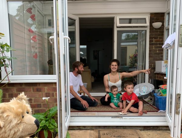 Jay, Jasmine, Bobby and Little Jay in their new home. Socially distanced. Bertie looking on.