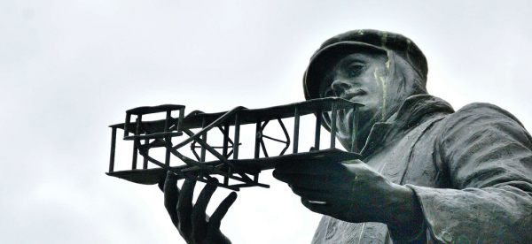 Close up of the biplane on the Charles Rolls Statue in Monmouth.