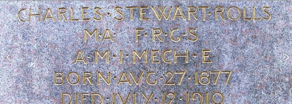Inscription on the Dover statue. Text: "Charles Stewart Rolls MA FRCS AMIMechE Born Aug 27 1877 Died July 12 1910".