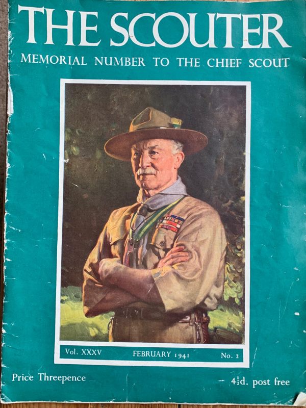 Copy of the front cover of "The Scouter" - Memorial number for the Chief Scout" from February 1941 with a picture of Baden-Powell in full uniform. Price Threepence (or 4 and a half old pence post free...)