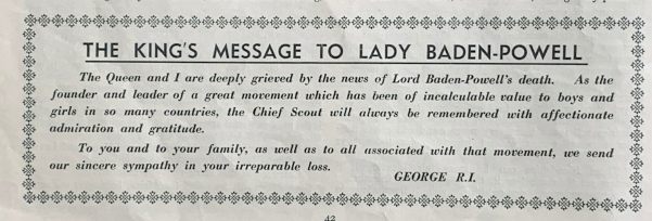 Message of condolence to Lady Baden-Powell from the King and Queen.