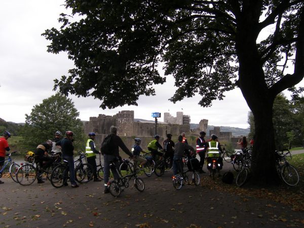 The Sustrans cyclists at Caerphilly Castle.