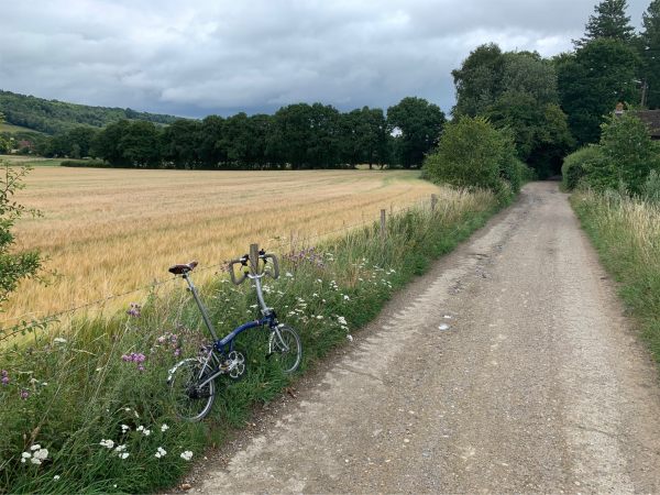 July 2020. Cycling down NCN Route 22 again. Full of memories. Denbies Hillside high left.