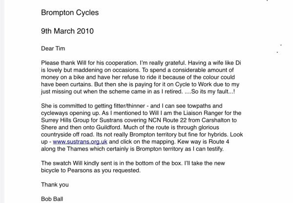 The letter Bobby wrote to Brompton Bikes.
