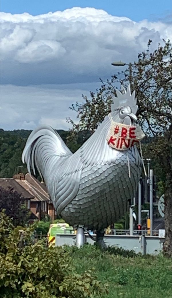 Dorking's famous cockerel on the roundabout approaching the town now has a new facemark supplied in secret by the urban knitters. "# Be kind" is the message. Quite agree.