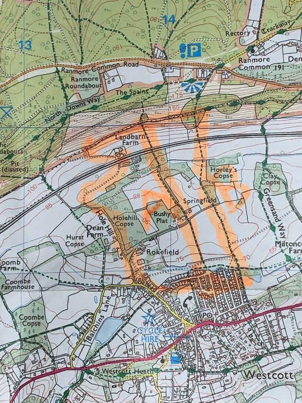 Map of the walk from Westcott to Denbies Hillside.