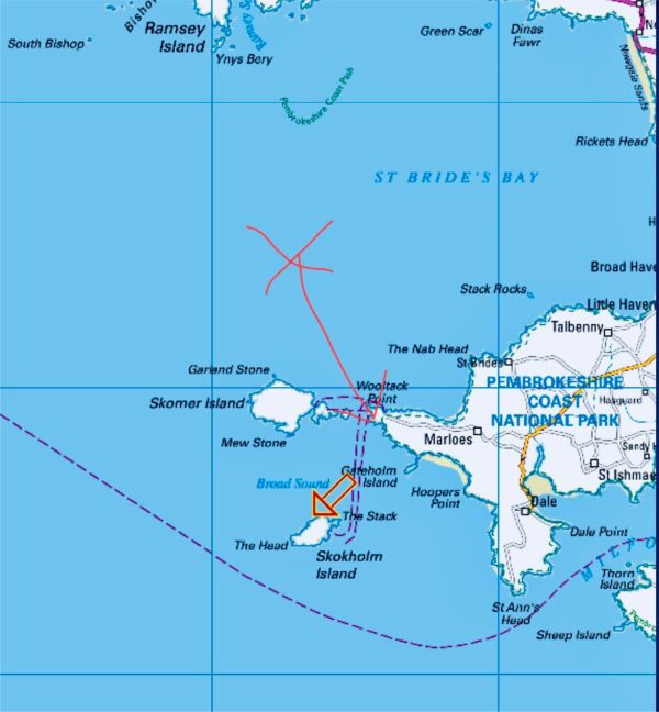 Map of the Pembrokeshire Coast and St Brides Bay.