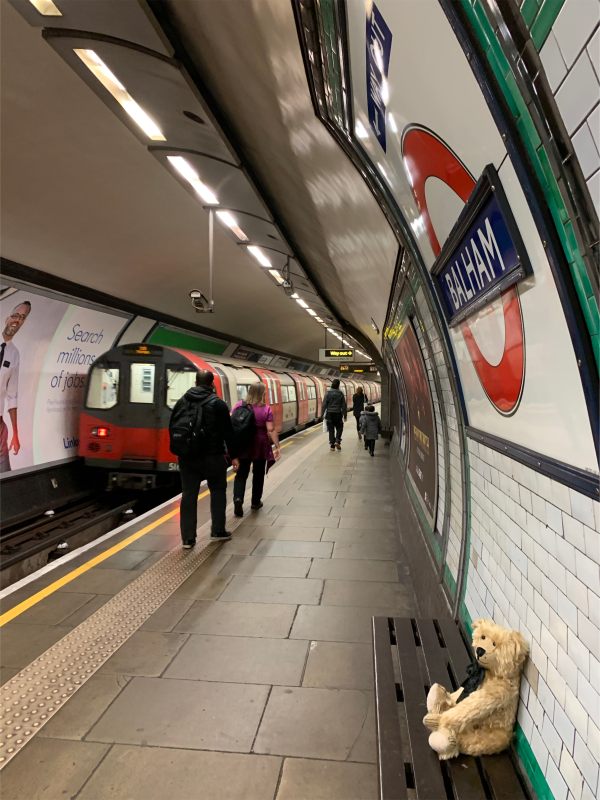 Bertie sat on a bench at Balham Tube Station.