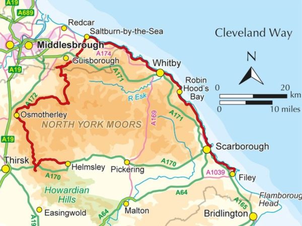 Map of North Yorkshire and The Cleveland Way.