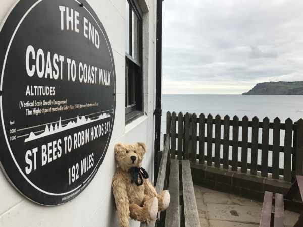 Bertie sat on a bench on front of a plaque marking the end of the Coast to Coast Walk - all 192 miles of it! A view of the bay in the background.