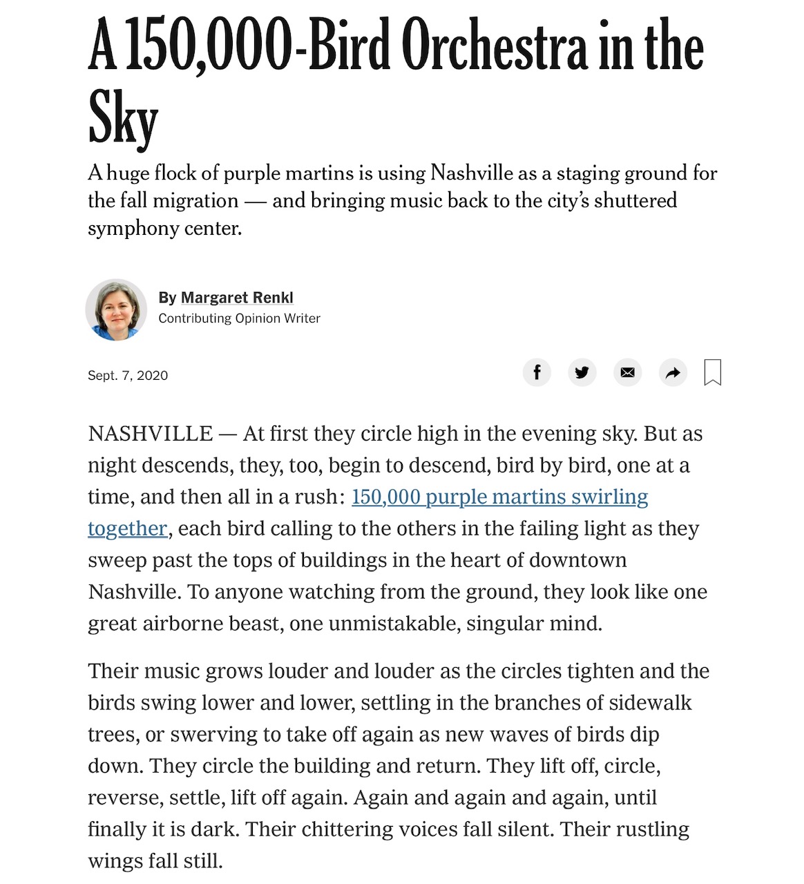 New York Times Article on the Purple Martin. Click on link towards the bottom of the blog for the PDF.