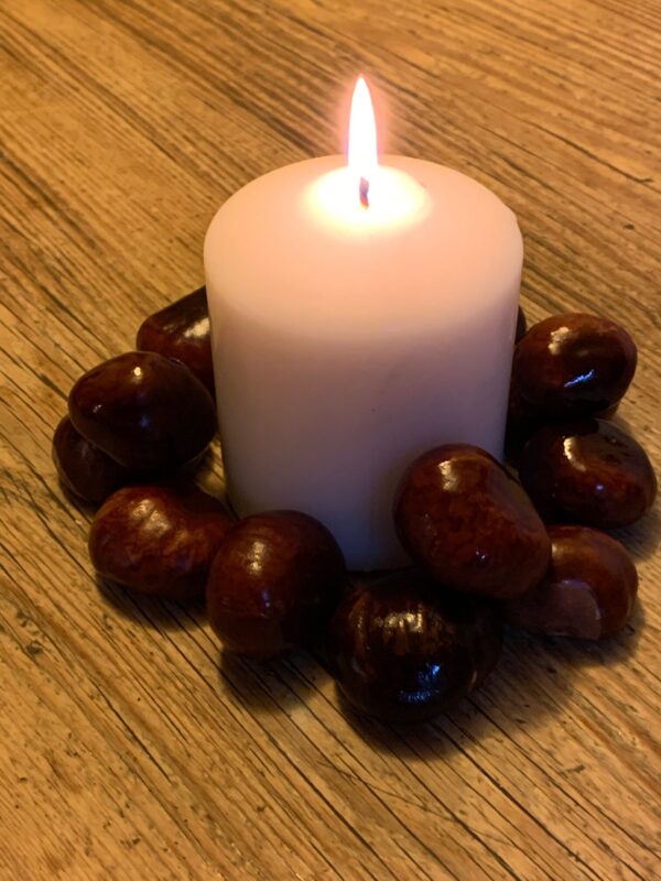 A Candle lit for Diddley, surrounded by conkers.