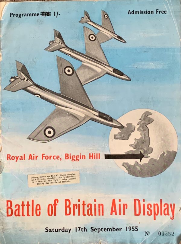 Battle of Britain Air Display programme. Price 1/6d, but crossed out and changed to 1/-. Saturday 17th September 1955.