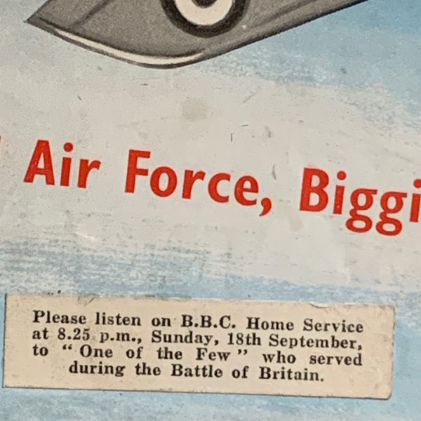 Sticker on the programme: "Please listen on the B.B.C. Home Service at 8.25 p.m., Sunday, 18th September, to " One of the Few " who served during the Battle of Britain.