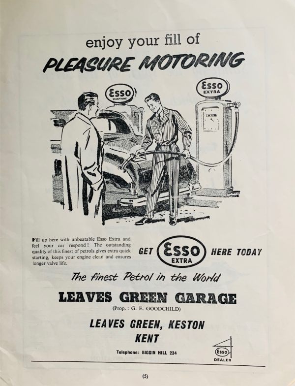 Advert for Esso Extra petrol and the Leaves Green Garage in Keston, Kent.
