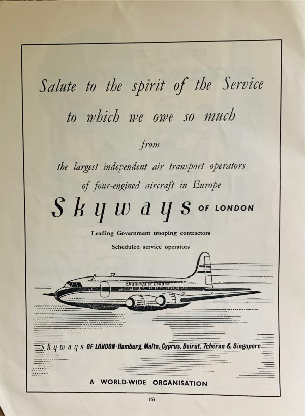 Advert for Skyways of London. Leading Government trooping contractors. Scheduled service operators.