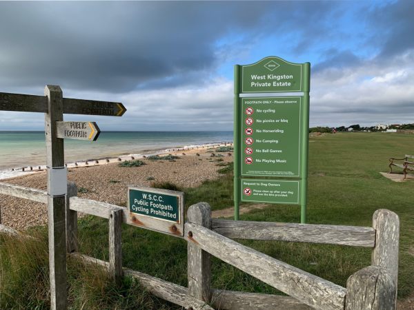 West Kingston Private Estate. The board may look a little authoritative, but this is why we all enjoy walking on the grass by the sea. A rare privilege in "Sussex by the Sea".