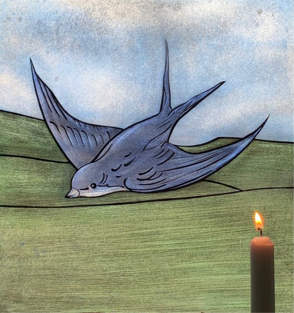 A Candle lit for Diddley in front of the Bluebird painting.